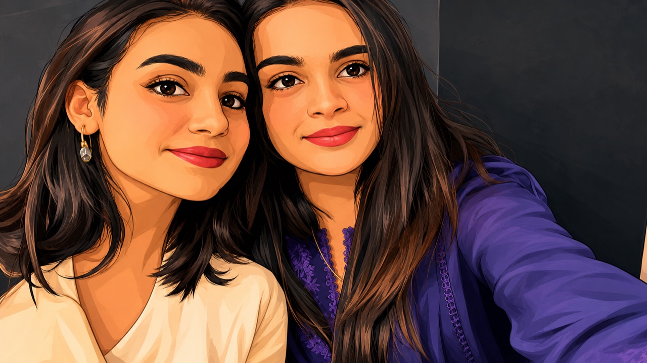 Illustrated portrait of the two founders, cheek to cheek